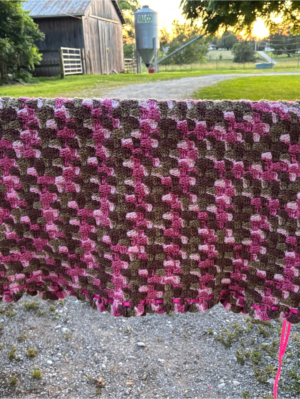 Handmade Pink and Brown Crochet Throw Baby Blanket Afghan Pink Ribbon Baby Girl - Picture 2 of 5